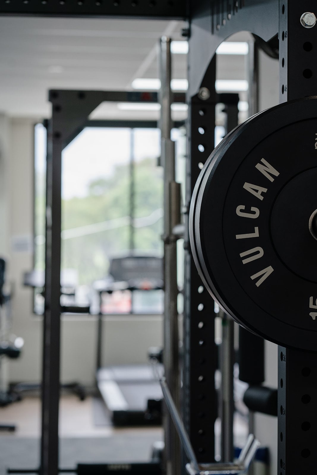 The squat rack and plates by the gym window